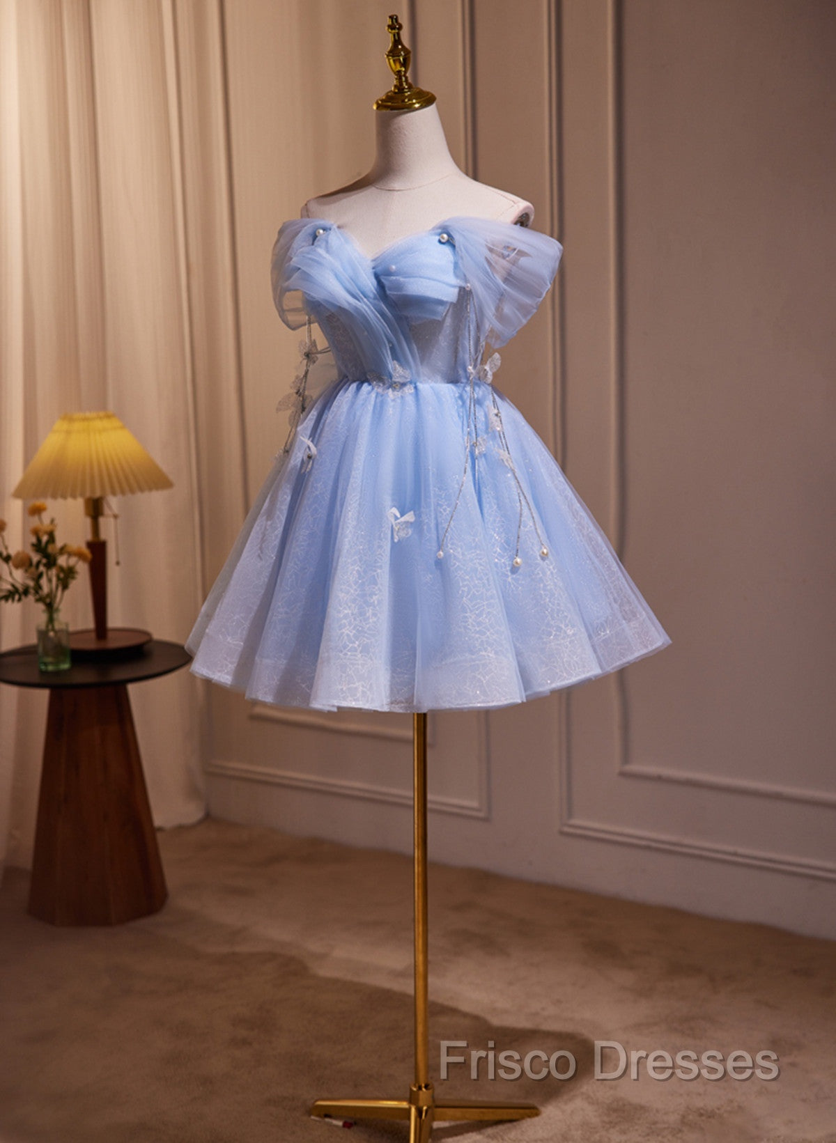 A-Line Blue Short Off Shoulder Knee Length Homecoming Dress, Blue Short Formal Prom Dress