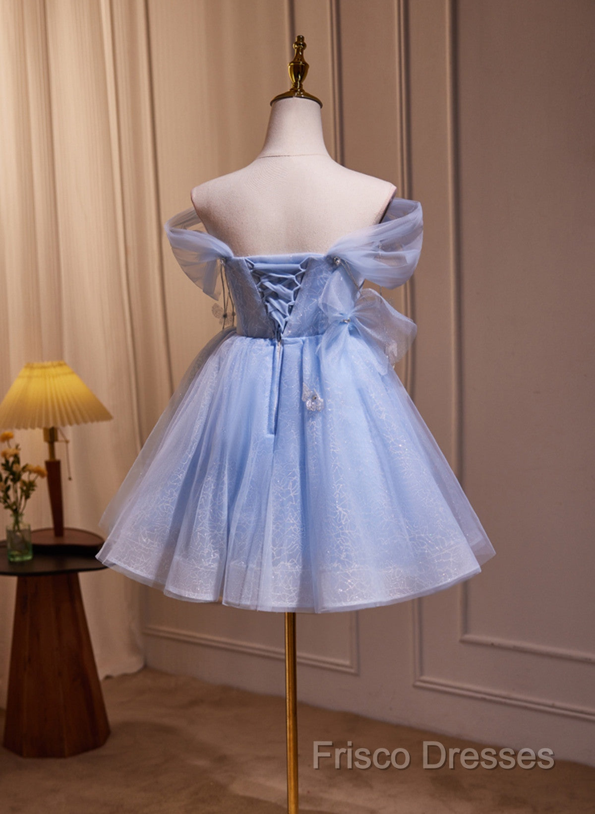 A-Line Blue Short Off Shoulder Knee Length Homecoming Dress, Blue Short Formal Prom Dress