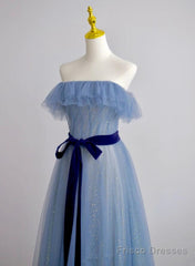 A-Line Blue Simple Off Shoulder Floor Length Prom Dress, Blue Long Party Dress