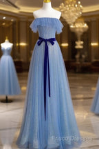 A-Line Blue Simple Off Shoulder Floor Length Formal Prom Dress, Blue Long Party Dress
