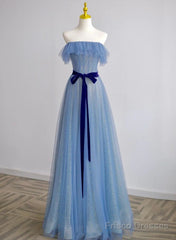 A-Line Blue Simple Off Shoulder Floor Length Prom Dress, Blue Long Party Dress