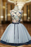 A-Line Blue Tulle Appliques Backless Homecoming Dress