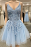 A-Line Blue Tulle Appliuqes Spaghetti Straps Beading Homecoming Dress
