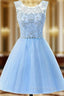 A-Line Blue Tulle Beading Backless Homecoming Dress