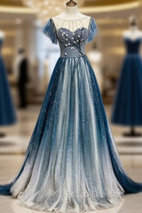 A-Line Blue Tulle Beading Backless Formal Prom Dress