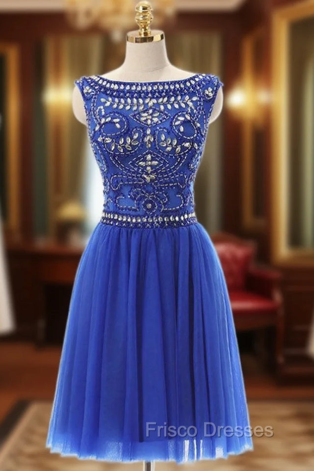 A-Line Blue Tulle Crystal Beading Backless Homecoming Dress