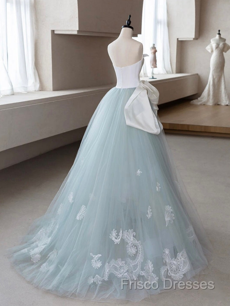 A-Line Blue Tulle Lace Applique Long Formal Prom Dress, Blue Long Formal Dress