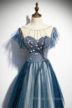 A-line Blue Tulle Long Beaded Formal Prom Dress, A-Line Formal Evening Dress