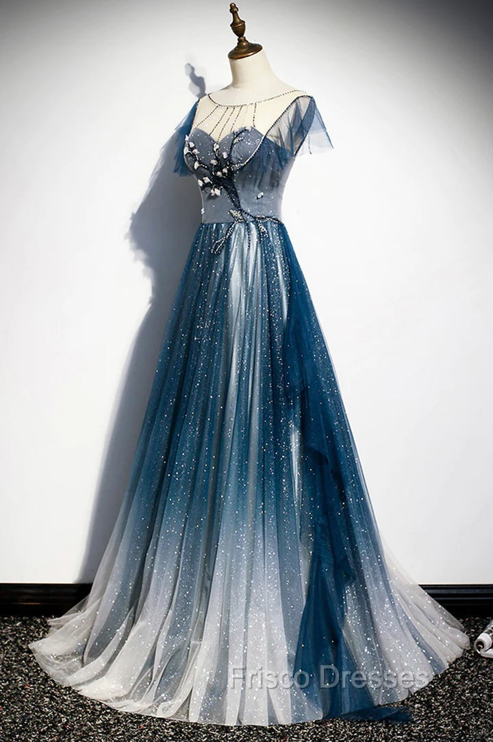 A-line Blue Tulle Long Beaded Formal Prom Dress, A-Line Formal Evening Dress