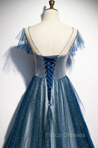 A-line Blue Tulle Long Beaded Formal Prom Dress, A-Line Formal Evening Dress