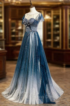 A-line Blue Tulle Long Beaded Formal Prom Dress, A-Line Formal Evening Dress