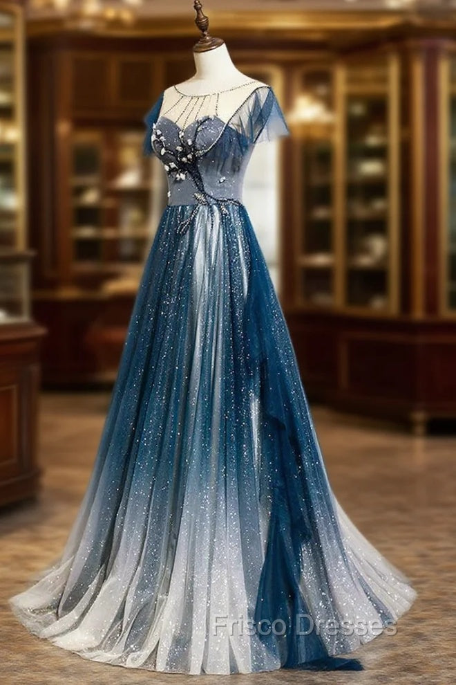 A-line Blue Tulle Long Beaded Formal Prom Dress, A-Line Formal Evening Dress