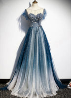 A-line Blue Tulle Long Beaded Formal Prom Dress, A-Line Formal Evening Dress