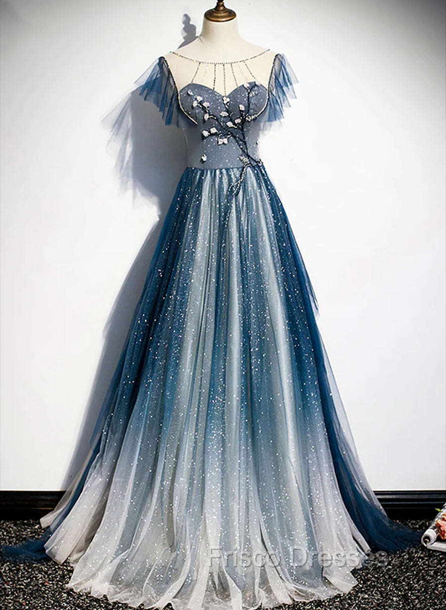A-line Blue Tulle Long Beaded Formal Prom Dress, A-Line Formal Evening Dress