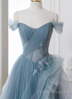 A-Line Blue Tulle Long Party Dress With Lace, Off Shoulder Tulle Formal Prom Dress