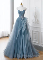 A-Line Blue Tulle Long Party Dress With Lace, Off Shoulder Tulle Formal Prom Dress