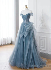 A-Line Blue Tulle Long Party Dress With Lace, Off Shoulder Tulle Prom Dress