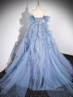 A-line Blue Tulle Long Formal Prom Dress, Blue Long Evening Dress