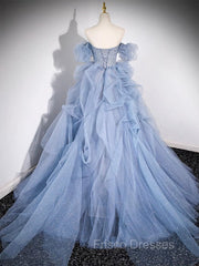 A-line Blue Tulle Long Formal Prom Dress, Blue Long Evening Dress