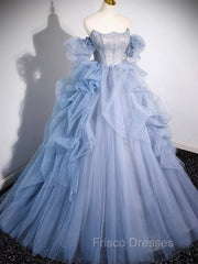 A-line Blue Tulle Long Formal Prom Dress, Blue Long Evening Dress