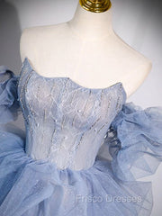 A-line Blue Tulle Long Formal Prom Dress, Blue Long Evening Dress