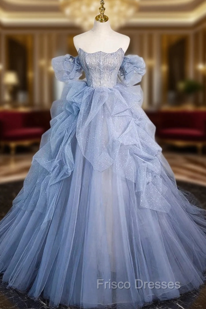A-line Blue Tulle Long Formal Prom Dress, Blue Long Evening Dress Main image