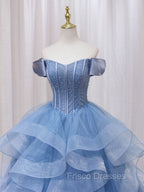 A-Line Blue Tulle Long Formal Prom Dress, Blue Sweet 16 Dress
