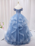 A-Line Blue Tulle Long Formal Prom Dress, Blue Sweet 16 Dress