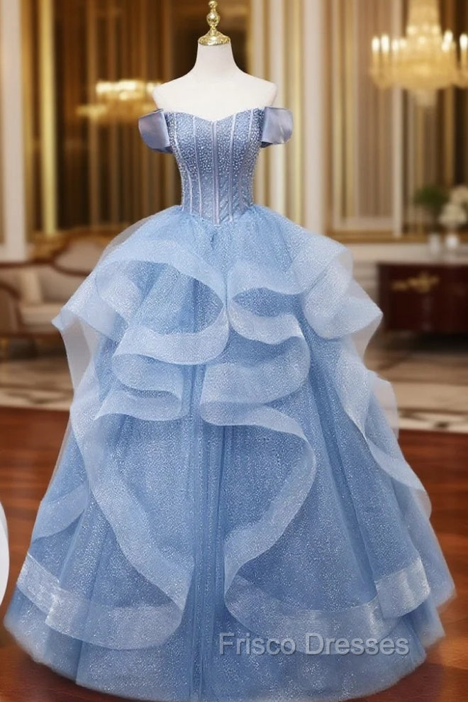 A-Line Blue Tulle Long Formal Prom Dress, Blue Sweet 16 Dress Main image