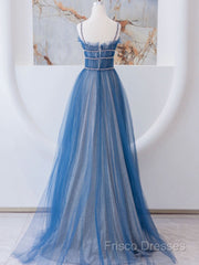 A-Line Blue Tulle Long Formal Prom Dress, Blue Tulle Formal Dress