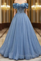 A-line Blue Tulle Off the Shoulder Beading Pleats Formal Prom Dress