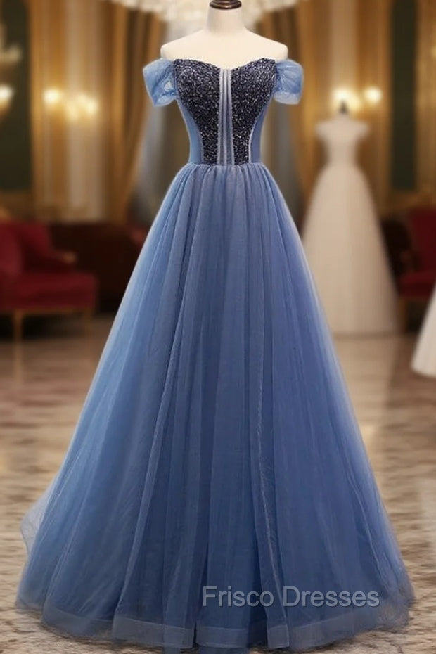 A-Line Blue Tulle Off the Shoulder Beading Formal Prom Dress