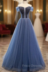 A-Line Blue Tulle Off the Shoulder Beading Formal Prom Dress