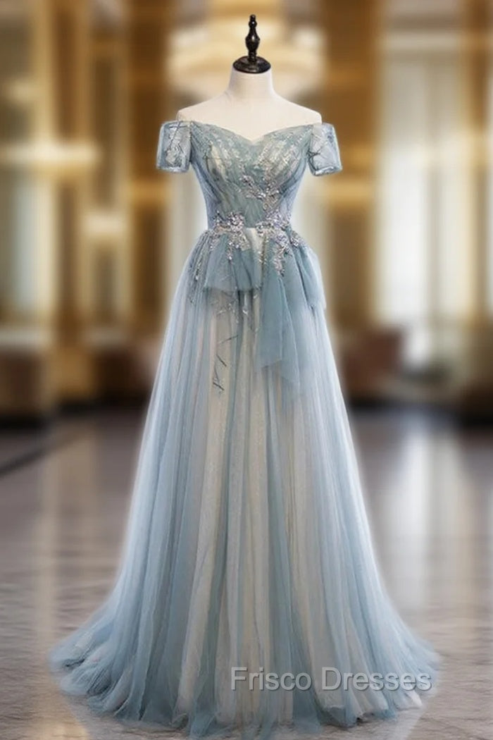 A-Line Blue Tulle Off the Shoulder Short Sleeve Formal Prom Dress Main image