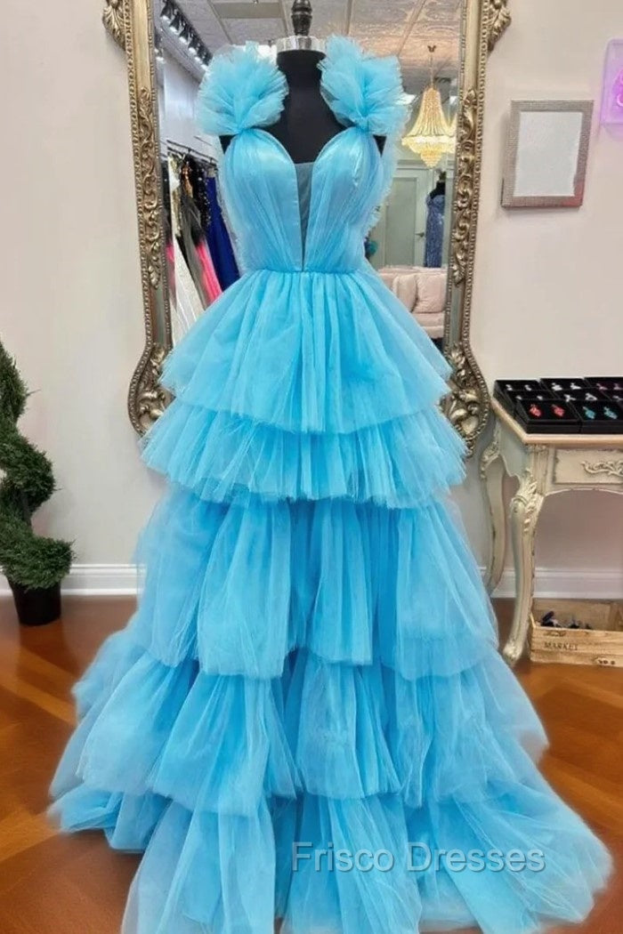 A-LIne Blue Tulle Pleats Formal Prom Dress Main image