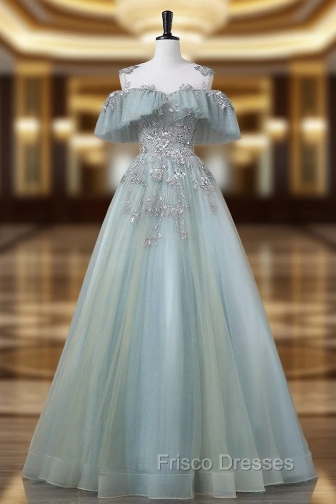 A-Line Blue Tulle sequin Lace Long Formal Prom Dress, Blue Lace Sweet 16 Dress Main image