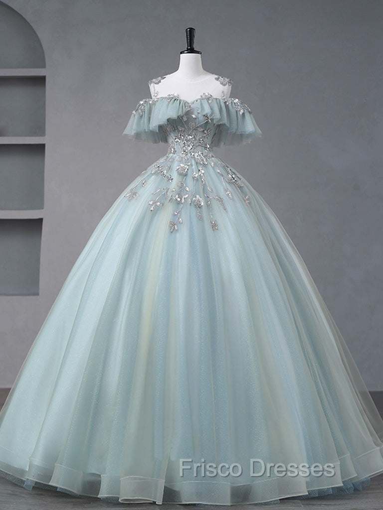 A-Line Blue Tulle sequin Lace Long Formal Prom Dress, Blue Lace Sweet 16 Dress Secondary image