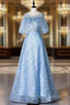 A-Line Blue Tulle Sequins Bat Sleeve Formal Prom Dress