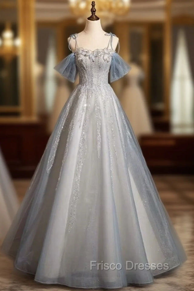 A-line Blue Tulle Sequins Spaghetti Straps Formal Prom Dress Main image