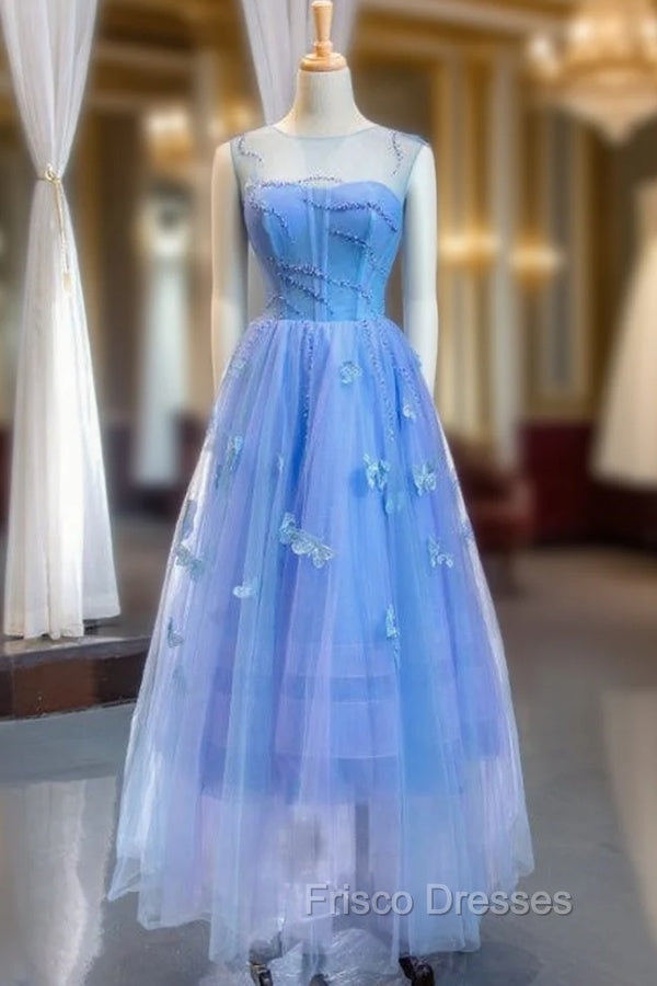 A-Line Blue Tulle Sleeveless Butterfly Backless Beading Formal Prom Dress Main image