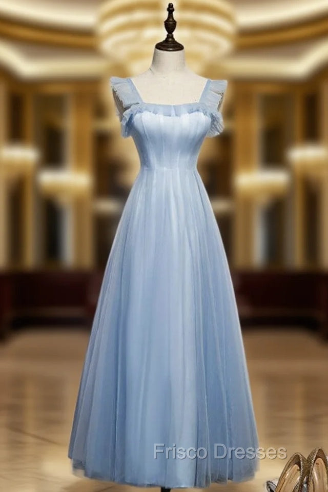 A-Line Blue Tulle Straps Ankle Length Formal Prom Dress Main image