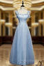 A-Line Blue Tulle Straps Ankle Length Formal Prom Dress