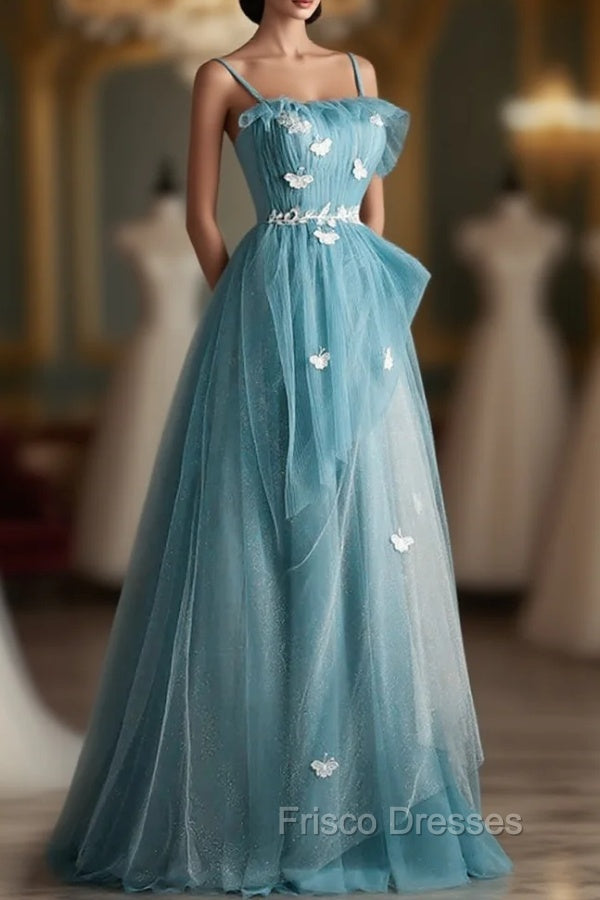 A-line Blue Tulle Straps Long Formal Dress, Blue Long Evening Dress Formal Prom Dress