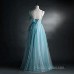 A-line Blue Tulle Straps Long Formal Dress, Blue Long Evening Dress Formal Prom Dress