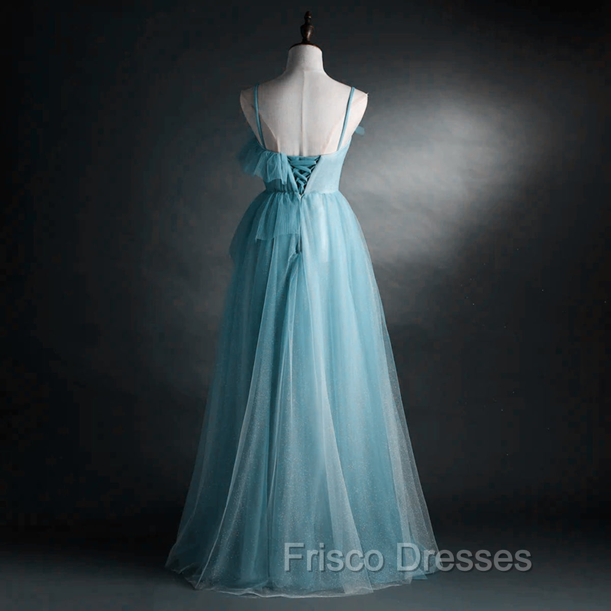 A-line Blue Tulle Straps Long Formal Dress, Blue Long Evening Dress Formal Prom Dress