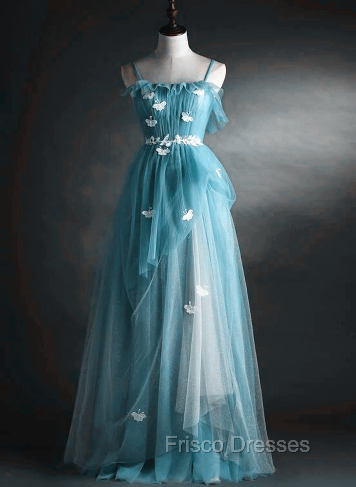 A-line Blue Tulle Straps Long Formal Dress, Blue Long Evening Dress Formal Prom Dress Main image