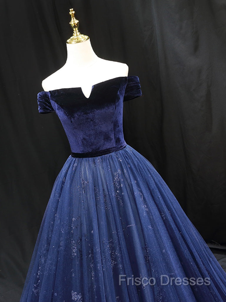 A-Line Blue Tulle Velvet Long Formal Prom Dress, Blue Formal Dress Secondary image