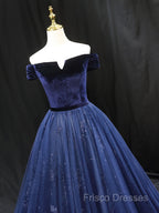 A-Line Blue Tulle Velvet Long Formal Prom Dress, Blue Formal Dress