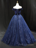 A-Line Blue Tulle Velvet Long Formal Prom Dress, Blue Formal Dress