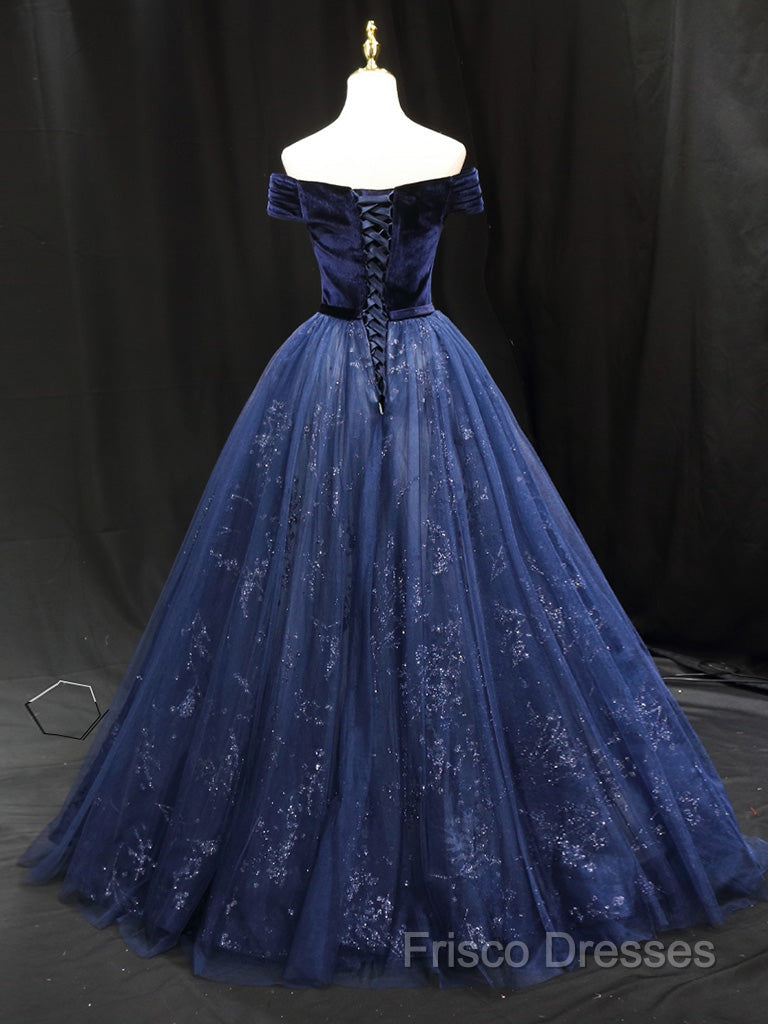 A-Line Blue Tulle Velvet Long Formal Prom Dress, Blue Formal Dress